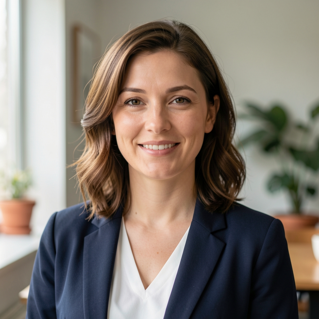Kursautorin Lena Hoffmann in einer hellen Küche beim Vorbereiten frischer Zutaten, natürliches Fensterlicht, entspannte Arbeitsatmosphäre, Holztisch mit Gemüse und Kräutern