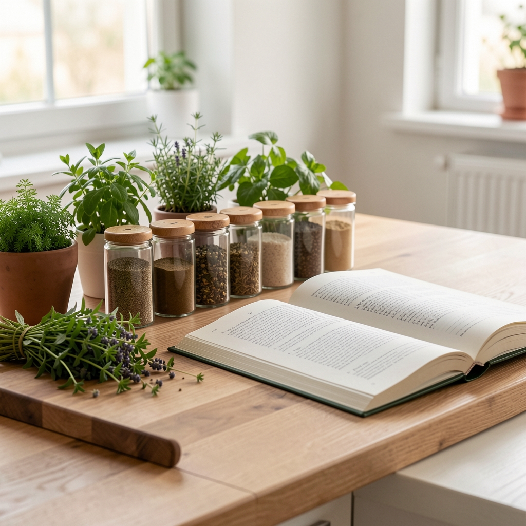 Helle Küchenarbeitsfläche mit frisch arrangierten Kräutern, Gewürzdosen und einem aufgeschlagenen Rezeptbuch, ruhige redaktionelle Stimmung in natürlichem Seitenlicht