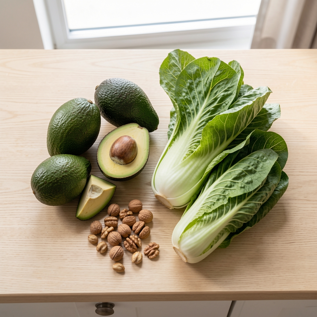 Frische saisonale Gemüsesorten auf hellem Holztisch, Tageslicht, Draufsicht, minimalistische Küchenszene mit Avocado, Walnüssen und Blattgemüse